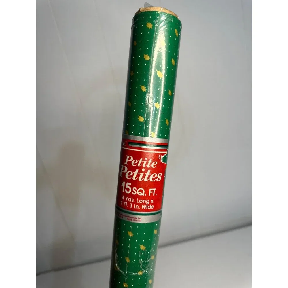VTG Petite Petites Green Wrapping Paper Roll 15‎ Sq Ft Gold Star Gift Wrap 4yd